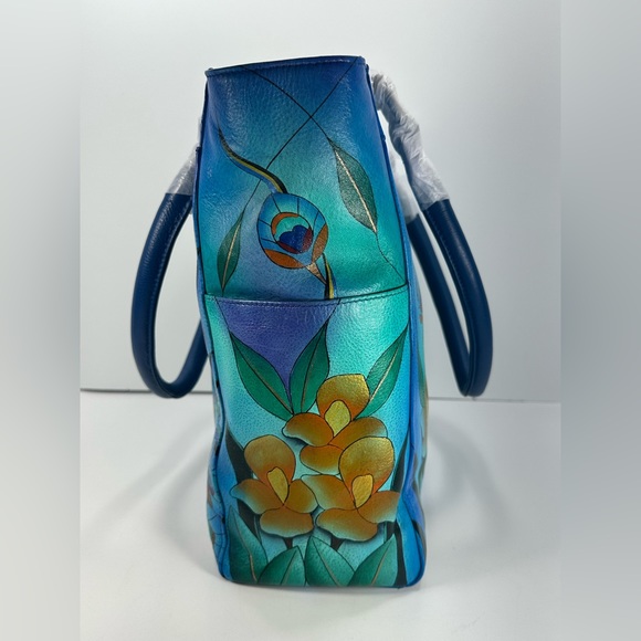 NEW - Anuschka Hand Painted Large Multi Compartment Tote Bag - Blue Peac… - Picture 4 of 11